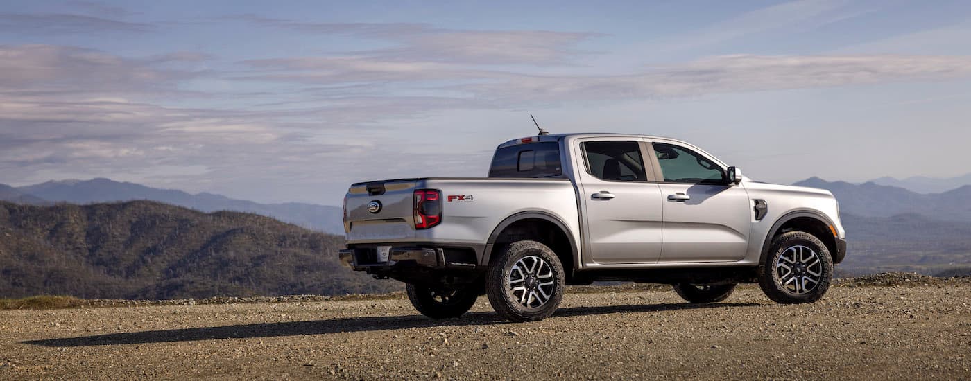 A silver 2024 Ford Ranger FX4 is shown from the side while parked off-road after leaving a Ford dealer near Eureka.