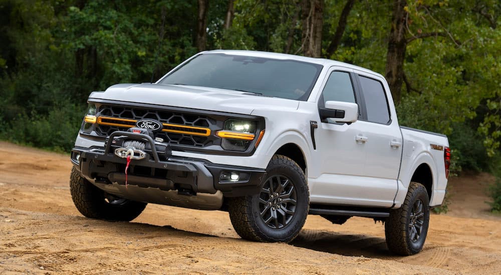 A white 2024 Ford F-150 Tremor off-roading.