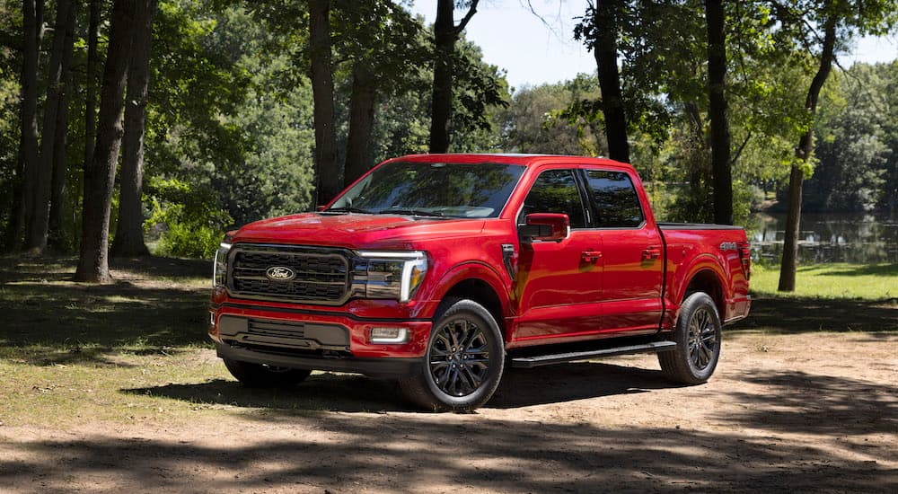 A red 2025 Ford F-150 from the front.