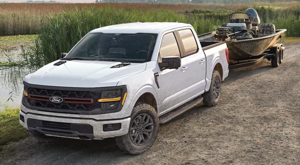 A white 2025 Ford F-150 parked off-road.